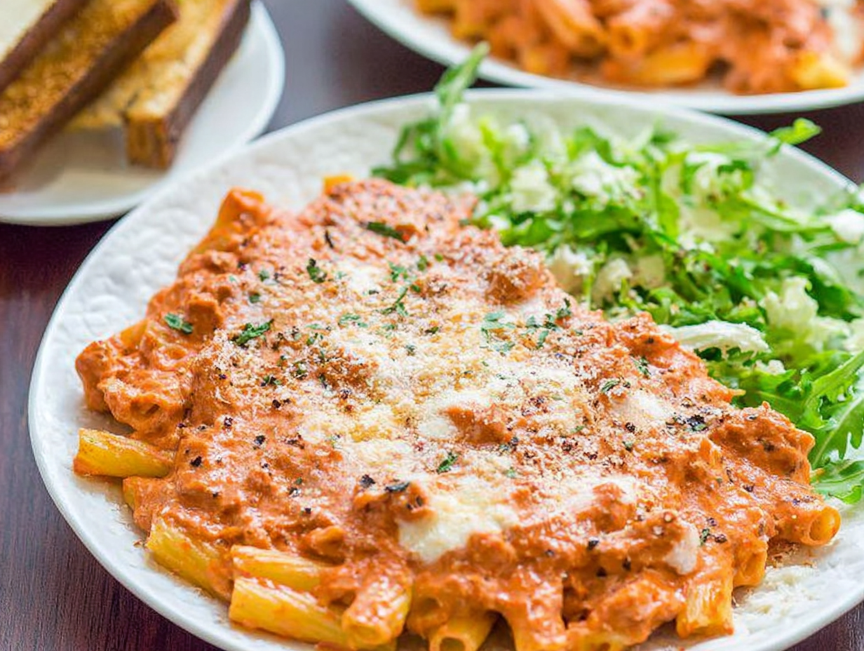 A casserole dish of baked five cheese ziti al forno, fresh from the oven with melted cheese and a golden-brown top.