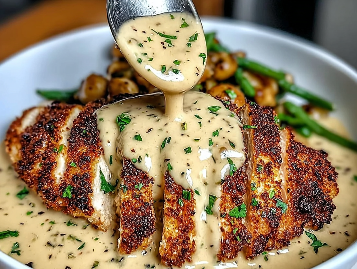 Parmesan crusted chicken with creamy garlic sauce in a skillet