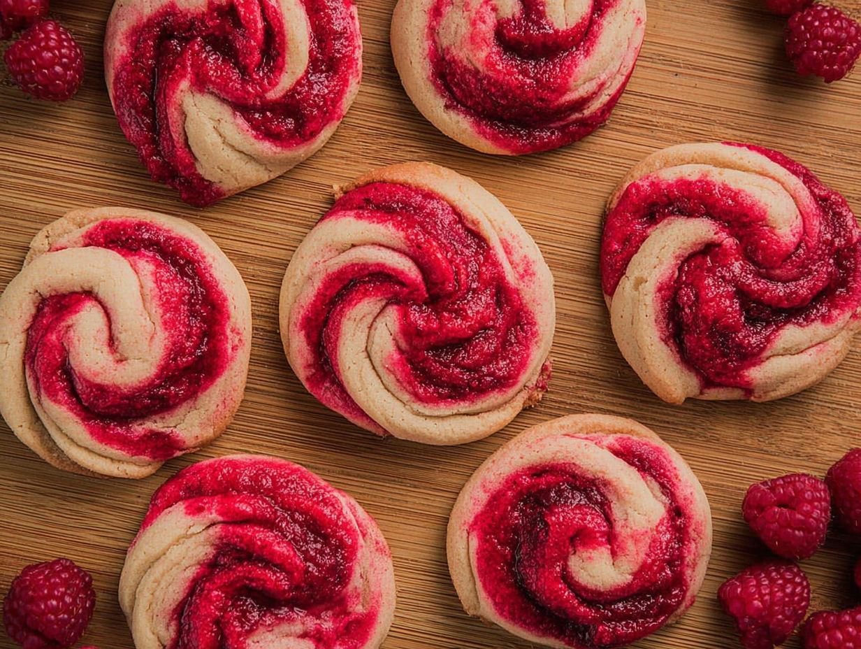 A plate of freshly baked raspberry swirl cookies with a buttery shortbread base.