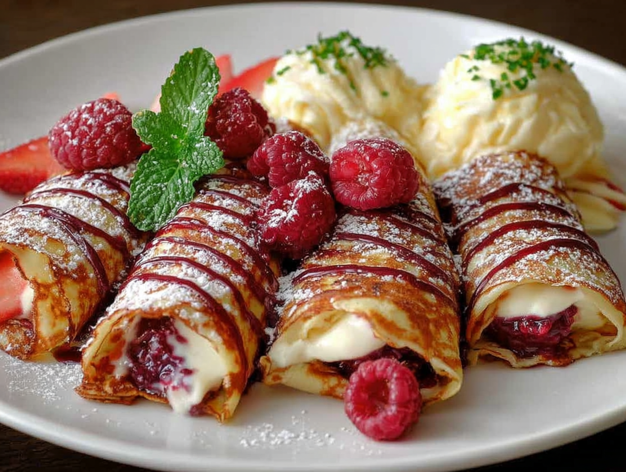 A stack of folded raspberry vanilla cream crepes on a white plate, dusted with powdered sugar.