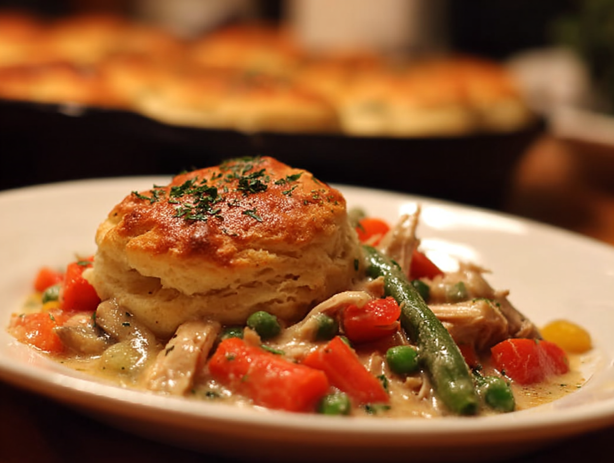 Red Lobster Biscuit Chicken Pot Pie in a casserole dish