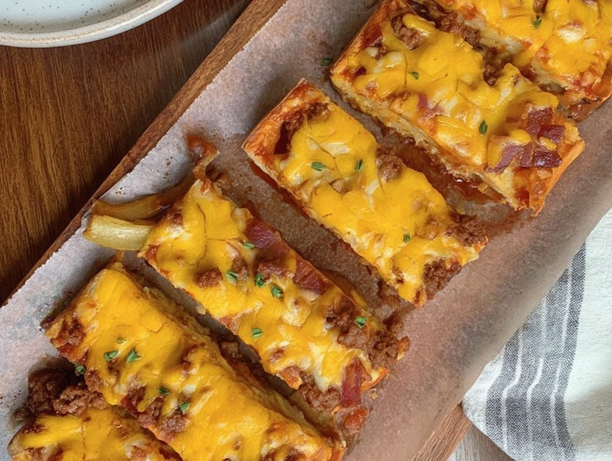 Sloppy Joe French Bread slices on a baking sheet