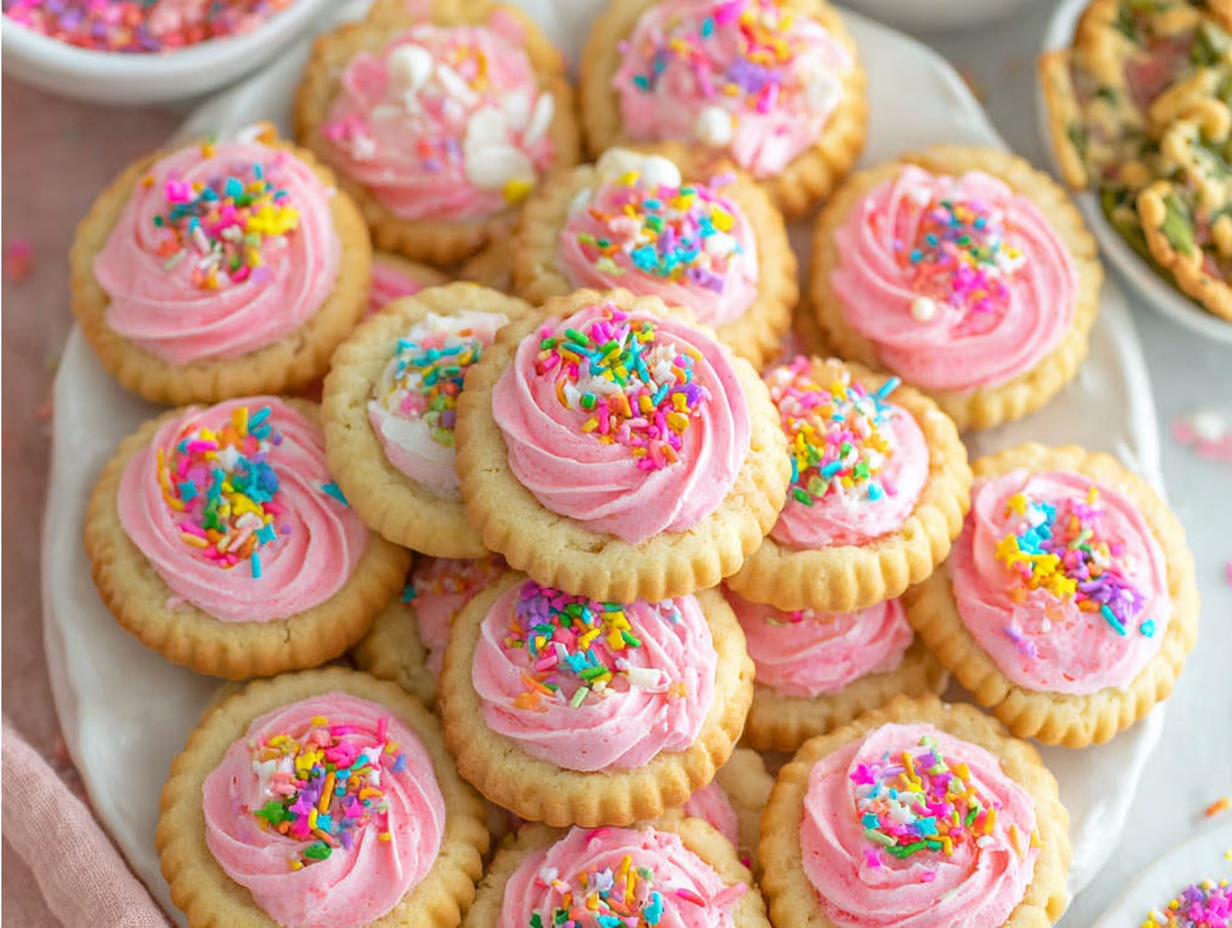 Sugar Cookie Cups with pink frosting and sprinkles