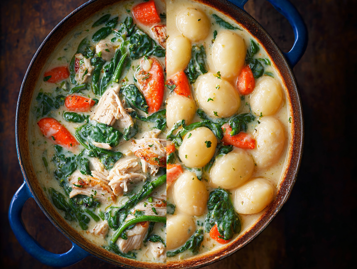 A bowl of creamy rotisserie chicken gnocchi soup with a spoon.