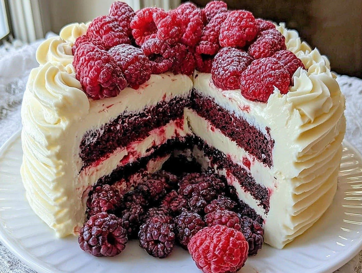 A slice of White Chocolate Raspberry Dream Cake on a white plate, showing the layers of cake, whipped cream, and fresh raspberries.